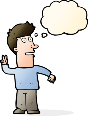 Bir insan tarafından çizilmiş düşünce baloncuğuyla barış işareti yapan çizgi film adamı.