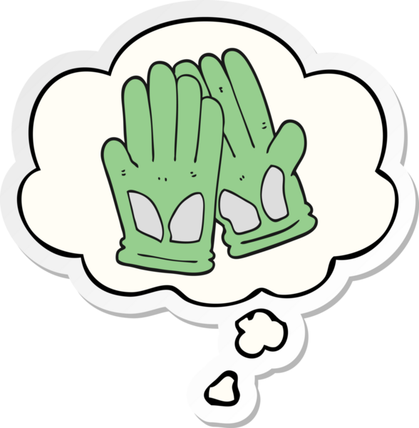 Karikatür bahçe eldivenleri. Düşünce baloncuğu insan tarafından çizilmiş bir çıkartma.