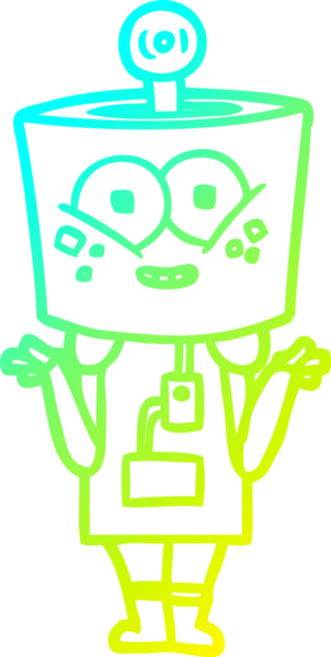 Bir insan tarafından çizilen omuz silken mutlu çizgi film robotunun soğuk gradyan çizgisi