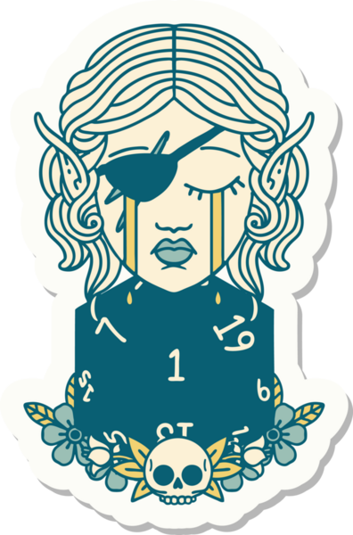 Ağlayan bir elf karakterinin çıkartması. İnsan tarafından çizilmiş doğal bir D20 yuvarlak yüzlü.