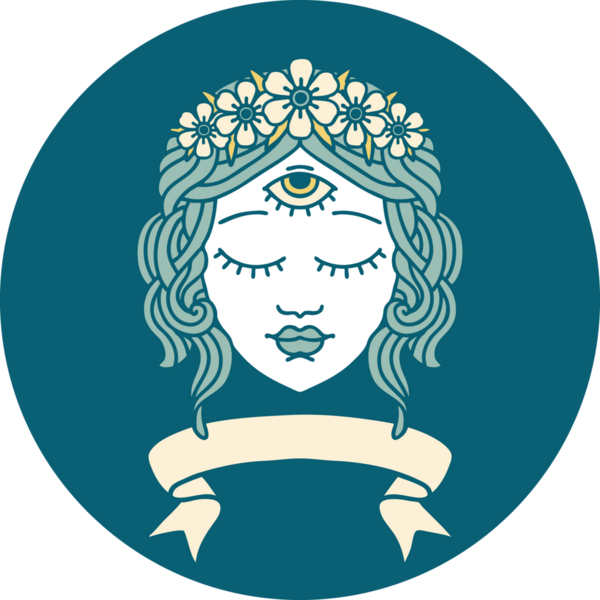 Bir insan tarafından çizilmiş üçüncü gözlü ve çiçek taçlı bir kadın yüzü simgesi