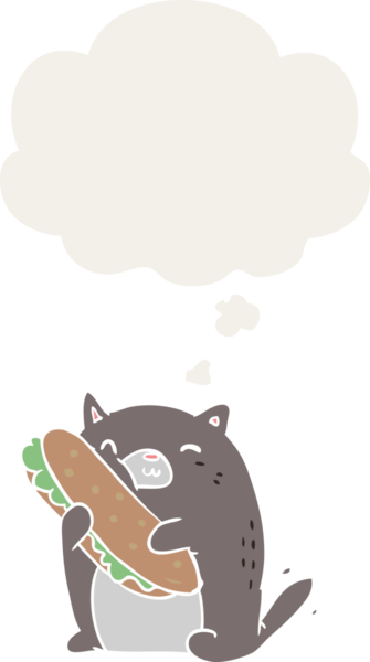 Düşünce balonlu sandviçli çizgi film kedisi insan tarafından çizilmiş.