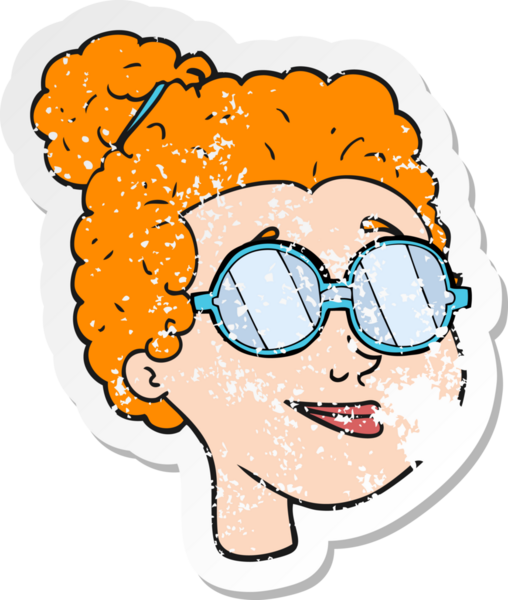 Bir insan tarafından çizilmiş gözlük takan karikatürlü bir kadının gerilimli çıkartması.