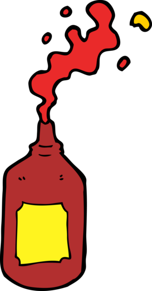 Bir insan tarafından çizilmiş ketçap şişesi fışkırtan çizgi film.