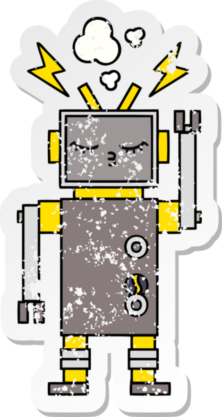 Bir insan tarafından çizilmiş sevimli bir robot çizgi film çıkartması.