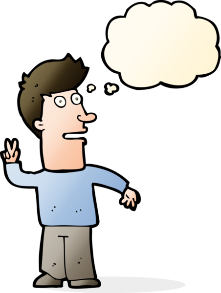 Bir insan tarafından çizilmiş düşünce baloncuğuyla barış işareti yapan çizgi film adamı.