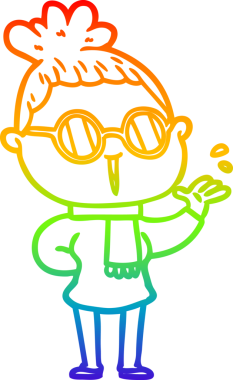 Bir insan tarafından çizilmiş gözlük takan bir karikatür kadının çizimi.