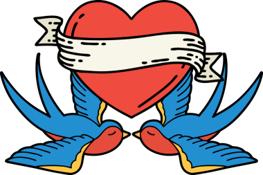 Geleneksel kırlangıç tarzında dövme ve bir insan tarafından çizilmiş sancaklı bir kalp.