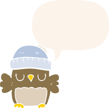 Bir insan tarafından çizilmiş konuşma baloncuğu ile şapkalı sevimli bir baykuş.