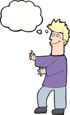 Bir insan tarafından çizilmiş düşünce balonlu mutlu adam çizgi filmi.