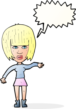 Bir insan tarafından çizilen konuşma baloncuğuyla el sallayan çizgi film kadını.