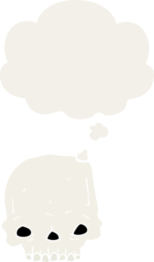 Düşünce baloncuğu olan, bir insan tarafından çizilmiş garip bir kafatası.