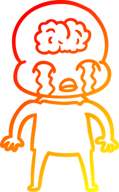 Bir çizgi filmin sıcak çizgi çizimi. Bir insan tarafından çizilmiş ağlayan büyük beyin uzaylısı.