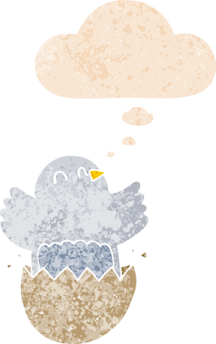 Düşünce baloncuğu içinde çizgi film yumurtadan çıkan tavuk dertli eski moda bir insan tarafından çizilmiş.