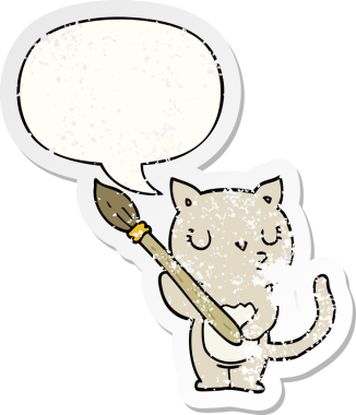 Konuşma baloncuğu olan sevimli çizgi film kedisi bir insan tarafından çizilmiş sıkıntılı eski bir çıkartma