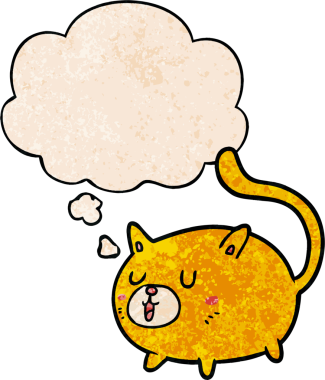 Düşünce baloncuklu çizgi film mutlu kedi bir insan tarafından çizilmiş grunge doku tarzı