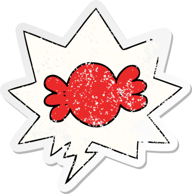 Konuşma balonuyla sarılı çizgi film bir insan tarafından çizilmiş sıkıntılı eski bir çıkartma