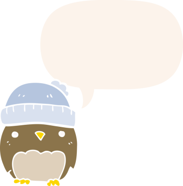 Bir insan tarafından çizilmiş konuşma baloncuğu ile şapkalı sevimli bir baykuş.