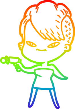 Gökkuşağı gradyan çizimi. Hipster saç kesimi bir insan tarafından çizilmiş şirin bir çizgi film kızı.