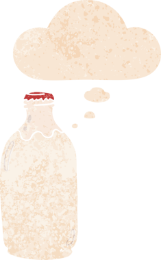Düşünce baloncuklu çizgi film süt şişesi grunge sıkıntılı retro dokuma tarzı bir insan tarafından çizilmiş