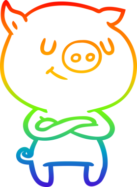 Gökkuşağı gradyan çizimi mutlu çizgi film domuzu çapraz kollu bir insan tarafından çizilmiş