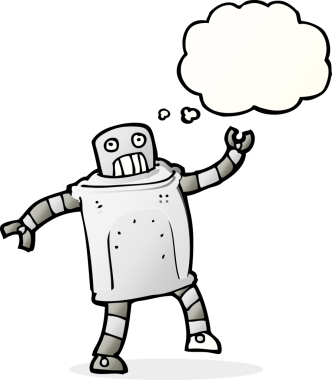 Bir insan tarafından çizilmiş düşünce baloncuklu çizgi film robotu