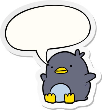 Bir insan tarafından çizilmiş konuşma kabarcığı çıkartmalı sevimli penguen.