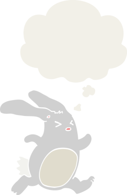 Düşünce baloncuklu çizgi film tavşanı insan tarafından çizilmiş.