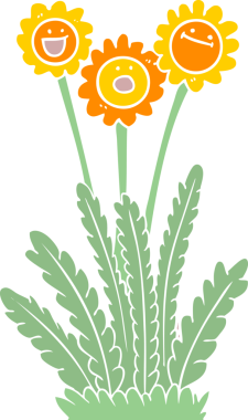 Bir insan tarafından çizilmiş düz renkli mutlu çiçekler.