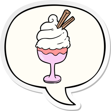 Bir insan tarafından çizilmiş konuşma balonu çıkartmalı karikatür dondurma tatlısı.