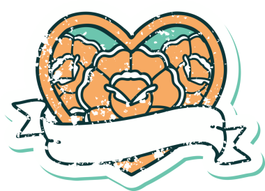 Bir insanın çizdiği çiçekli kalp ve pankartın sembolik dövmeli resmi.