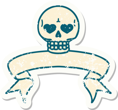 Bir insan tarafından çizilmiş kafatasının pankartıyla eski bir etiket.