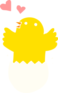 Sevimli yumurtadan çıkan civciv bir insan tarafından çizilmiş düz renkli çizgi film