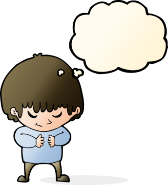 Bir insan tarafından çizilmiş düşünce kabarcığı olan utangaç bir çocuk.