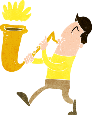 Bir insan tarafından çizilmiş saksafon üfleyen çizgi film adamı.