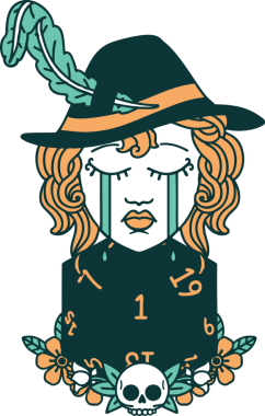 Retro Dövme Tarzı Ağlayan İnsan Ozanı Bir insan tarafından çizilmiş doğal bir D20 zar ile