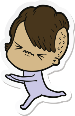 Çizgi film çıkartması. Bir insan tarafından çizilmiş sinirli hippi kız.