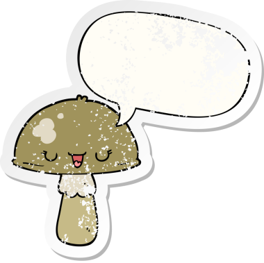 Konuşma baloncuğu olan çizgi film mantarı bir insan tarafından çizilmiş sıkıntılı eski bir çıkartma