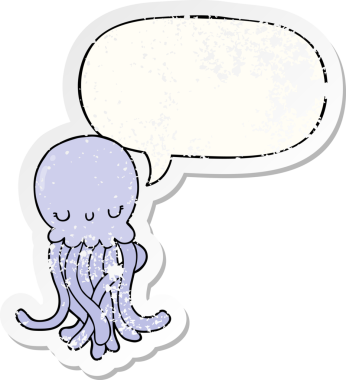 Konuşma balonlu şirin denizanası bir insan tarafından çizilmiş sıkıntılı eski bir çıkartma.