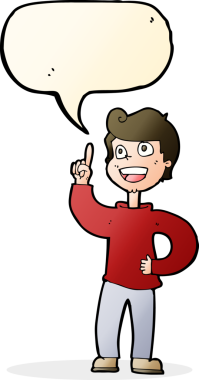 Bir insan tarafından çizilen konuşma baloncuğuyla harika bir fikri olan çizgi film çocuğu.