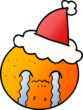 Bir insan tarafından çizilmiş, portakal rengi, Noel Baba şapkası takan bir karikatür.