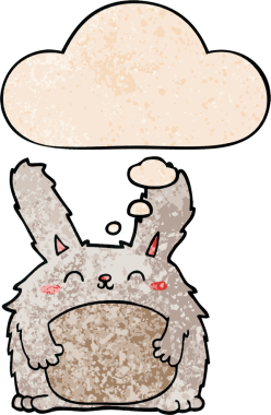 Düşünce baloncuklu tüylü çizgi film tavşanı bir insan tarafından çizilmiş.