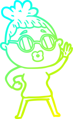 Bir insan tarafından çizilmiş güneş gözlüğü takan çizgi film kadını çizimi.