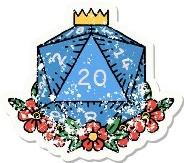 Bir insan tarafından çizilmiş çiçek elementleriyle 20 D20 zarının grunge sticker 'ı.