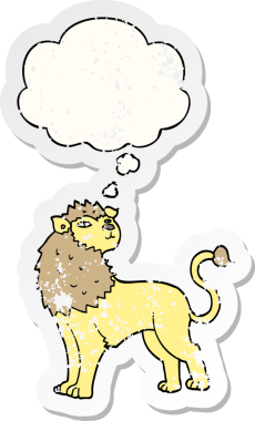 Düşünce baloncuğu olan çizgi film aslanı insan tarafından çizilmiş yıpranmış bir çıkartma.
