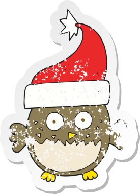 Bir insan tarafından çizilmiş noel şapkası giyen bir baykuşun gerilimli çıkartması.