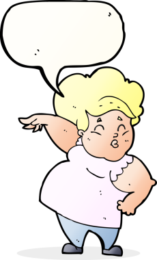 Bir insan tarafından çizilmiş konuşma balonlu mutlu şişman kadın.