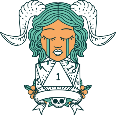 Retro Dövme Tarzı Ağlama Yüzü Doğal 1 D20 Dice ile Bir insan tarafından çizilmiş