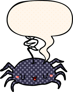 Bir insan tarafından çizilmiş çizgi roman tarzında konuşma balonu olan cadılar bayramı örümceği çizgi filmi.