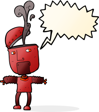 Bir insan tarafından çizilmiş, açık kafalı komik çizgi film robotu.